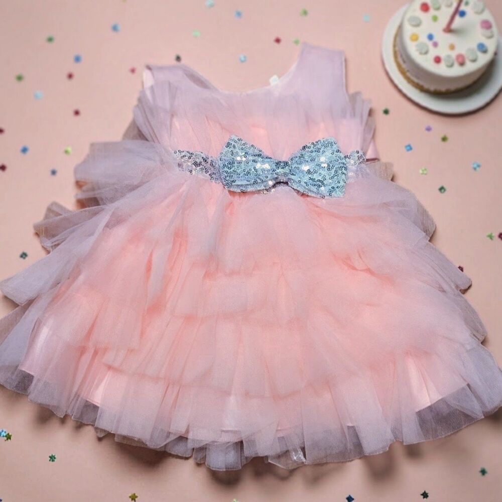 Toddler Girls Pink Tulle Party Dress Silver Sequin Bow Size 2Y Birthday Easter
